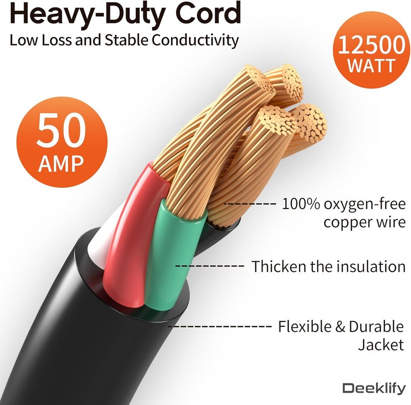 Deeklify 15FT 50 Amp Generator Cord, NEMA 14-50P/SS2-50R Heavy-Duty 4 Conductors Cable, Pure Copper STW RV Extension Cord, Female Plug with Twist Lock, Suitable for RV or Camper, ETL Listed - Image 4